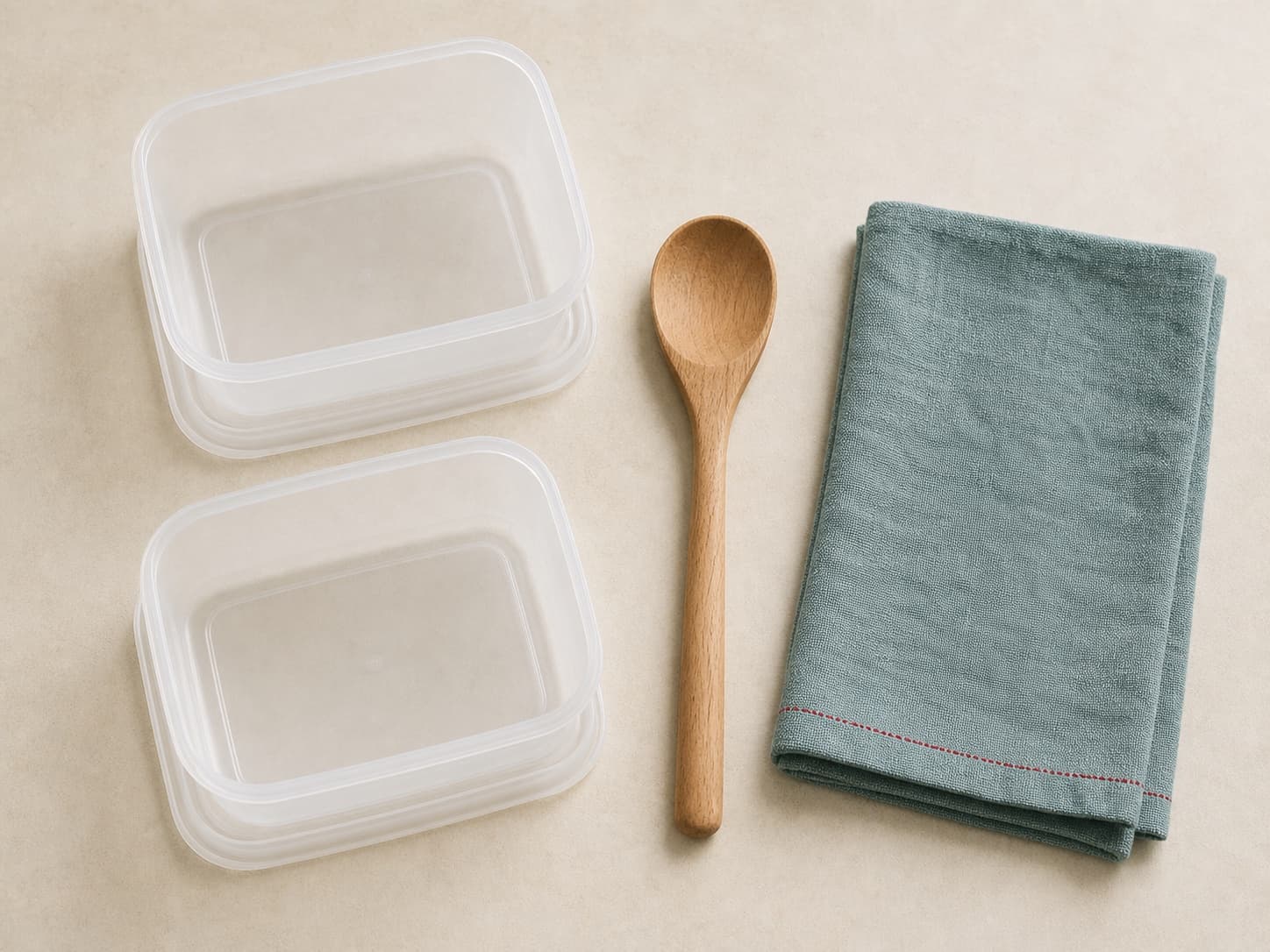 Two empty plastic containers, a wooden spoon, and a folded teal dish towel arranged on a plain table.